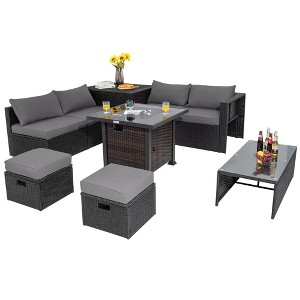 Tangkula 9PCS Furniture Set w/ 32" Fire Pit Table 50,000 BTU Square Propane Fire Pit Patio Gray - 1 of 4