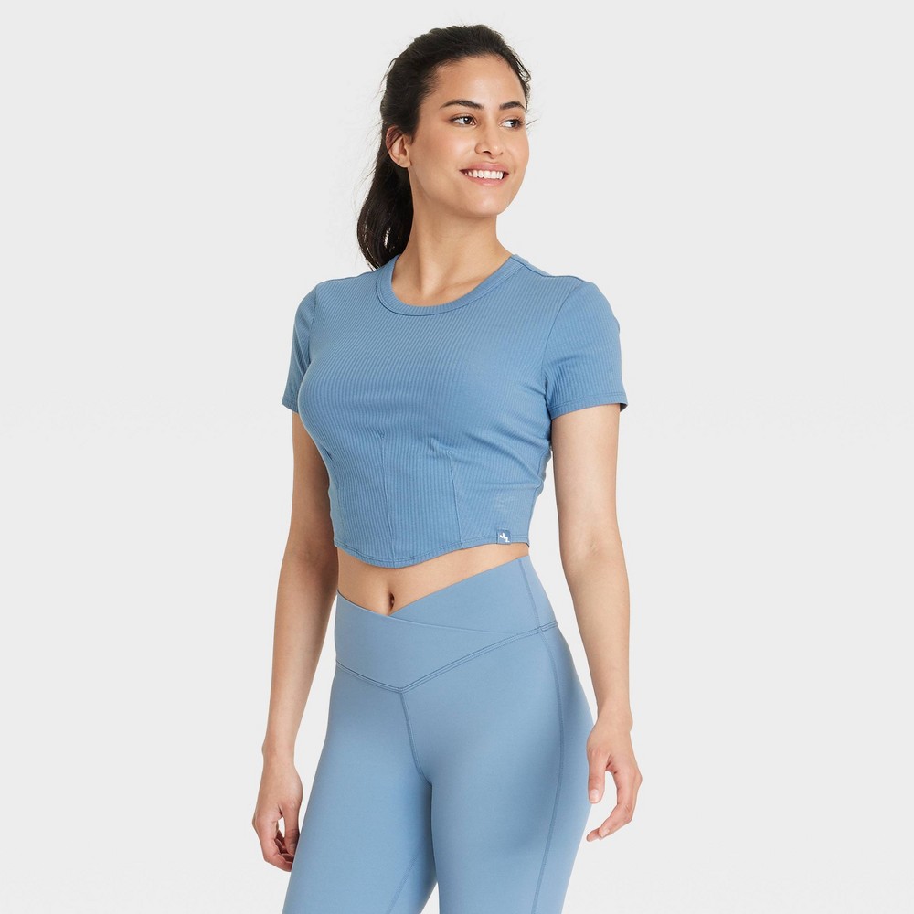 Women's Corset Detail Crop Short Sleeve Top - JoyLab™ Blue M