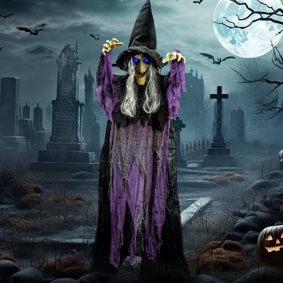 Joyfy 72” Halloween Hanging Animated Talking Witch,Theme Park  Layout Party Decoration,Purple Haunted House Prop Décor,Yard Lawn Outdoor Decorations