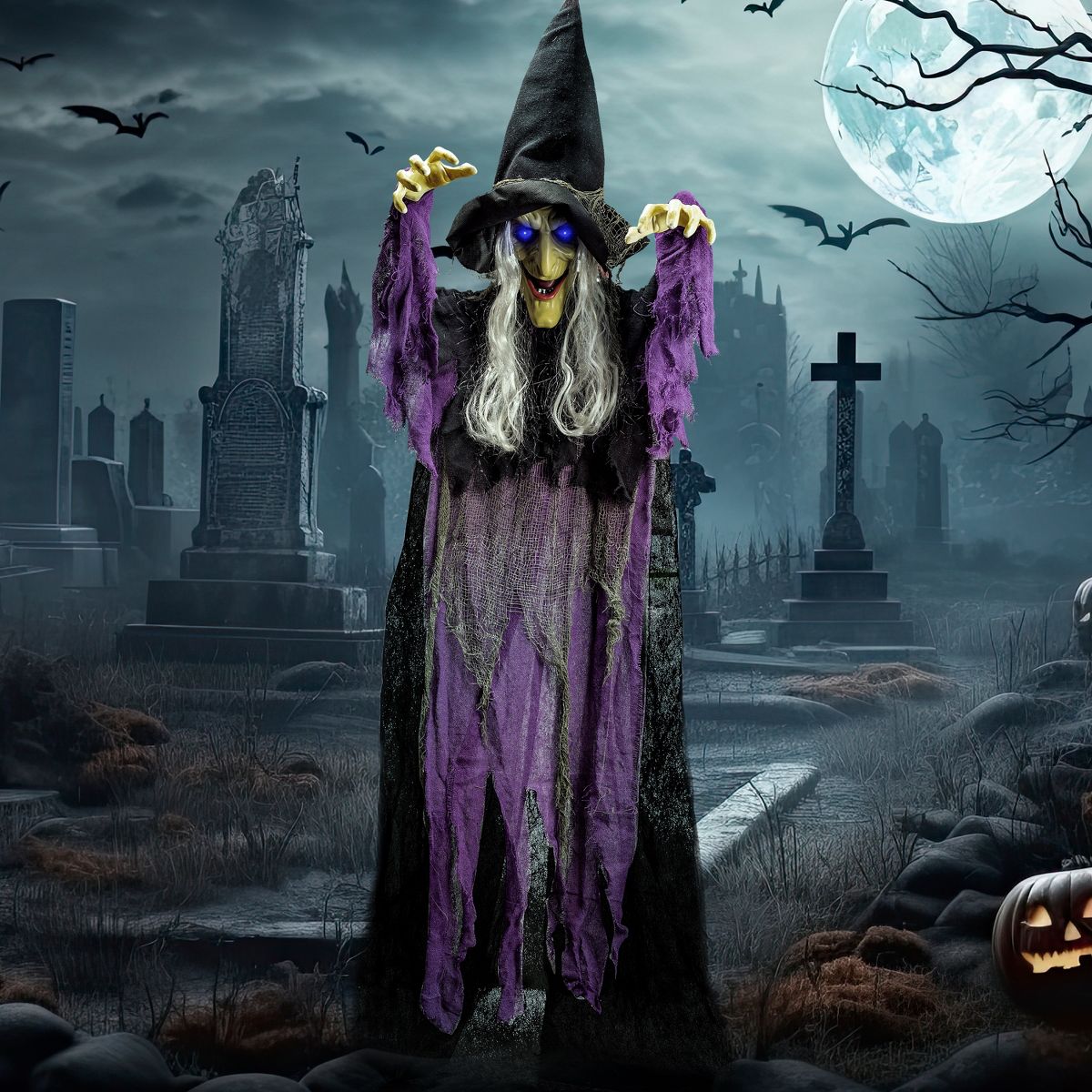 Joyfy Halloween Witch Decoration, Hanging Talking Witch Decorations Prop with Light Up Eyes for Halloween Outdoor, Indoor, Haunted House Decor - thumbnail 10