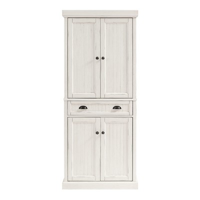 Seaside Distressed White Solid Wood Kitchen Pantry with Adjustable Shelves