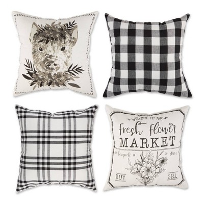 4pk 18"x18" Pig and Flower Market Farmhouse Check and Printed Square Throw Pillow Covers White - Design Imports