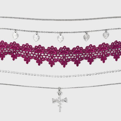 Lace Heart And Rose Cross Choker Necklace Set 5pc - Wild Fable™ Silver :  Target