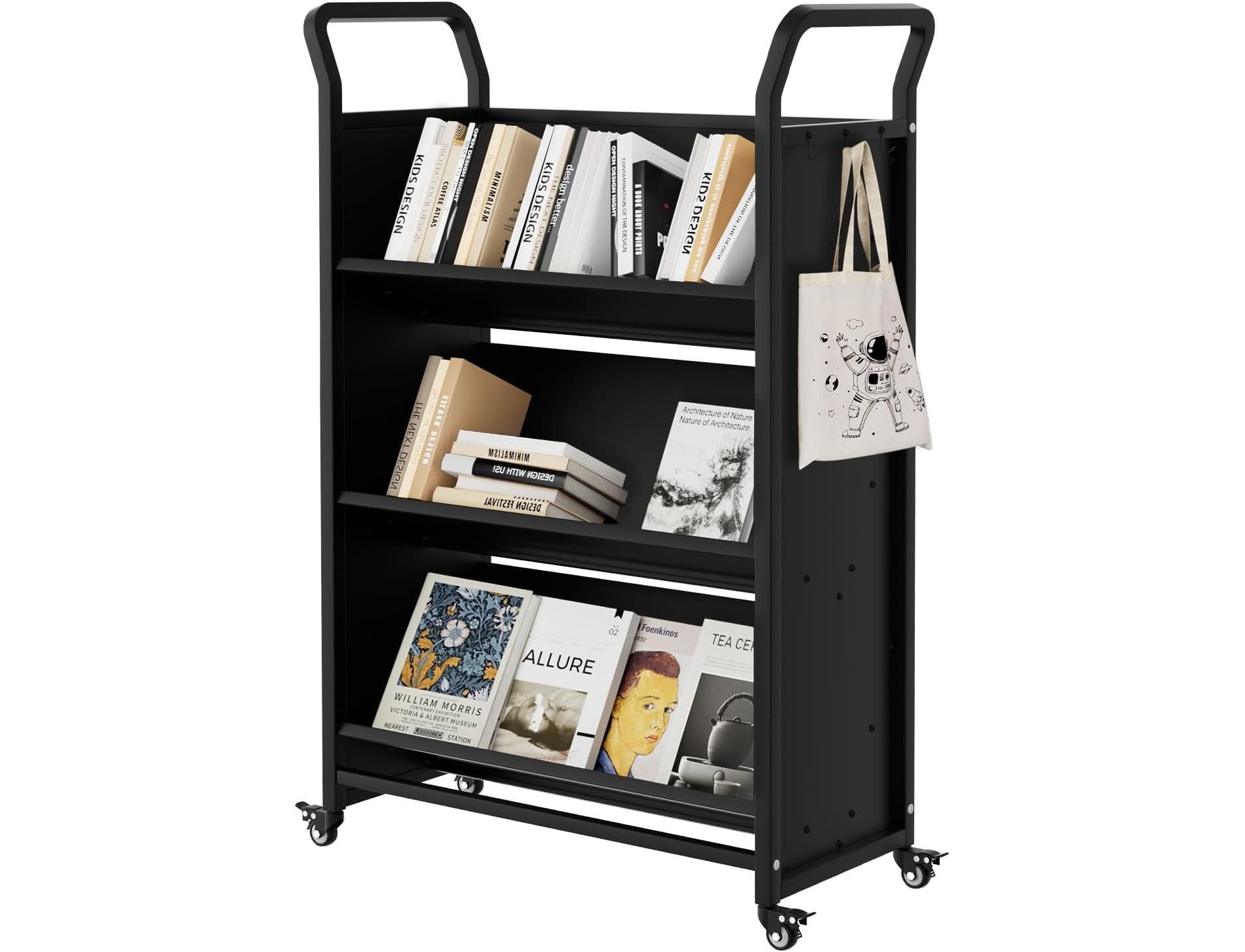Book Cart, V-Shaped Metal Rolling Cart with 4 Lockable Wheels & Side Hooks, 3-Tier Storage Bookshelf for Home, Library, School, Office