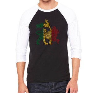 LA Pop Art Men's Raglan Baseball Word Art T-shirt - Rasta Lion - One Love - 1 of 4