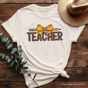 Teacher Leopard Pencil T-Shirt, Coquette Bow Retro Classroom Tee for Educators | OrnamentallyYou - 1 of 4