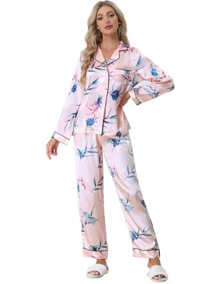 Women Pajamas Sets 2 Pieces Pjs Floral Pyjama Lapel Pijama Faux Silk Satin  Female Sleepwear Long Sleeve Shirt Pants Homewear - AliExpress