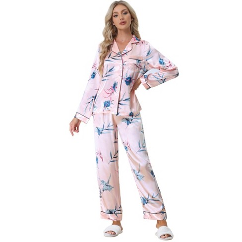 Satin Pajamas Womens Silky Soft Pj Set Long Sleeve Pj Sets  For Women Pink Pajama 2 Piece Sleepwear Set Pink XL