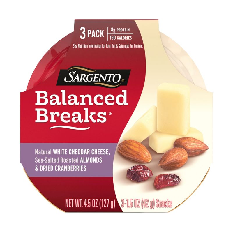 Sargento Balanced Breaks Natural White Cheddar, Sea-Salted Roasted Almonds &#38; Dried Cranberries - 4.5oz/3ct, 1 of 11
