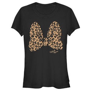 Juniors Womens Mickey & Friends Mickey & Minnie Mouse Cheetah Print Bow Signature T-Shirt - 1 of 3