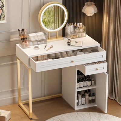 FURNIinspire Vanity Tables Makeup Vanity Desk With Lighted Mirror, Luxury Dressing Table With 2 Drawers And 1 Cabinet, White, 31.57"*15.87"*48.43"
