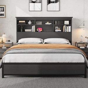 Full Size Bed Frame with Bookcase Headboard, Tall Wooden Bed Headboard Frame with Type-c & USB Charging Station - 1 of 4