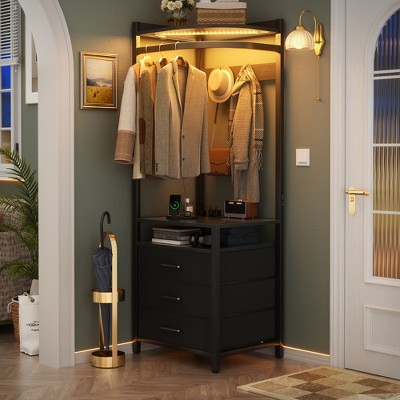 Aheaplus 70" Tall Corner Closet with 3 Drawers and 4 Hooks, Clothing Rack with Hanging