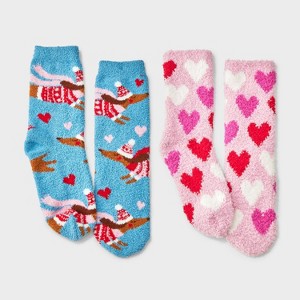 Kids' 2pk Dogs & Hearts Cozy Crew Socks with Gift Card Holder - Wondershop™ Blue - 1 of 3