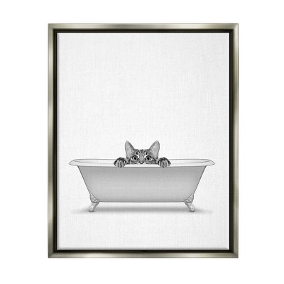 Stupell Industries Cat Peeking Bathroom Tub Framed Floater Canvas Wall Art
