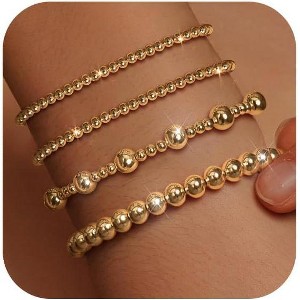 Gold Bracelets for Women 14K Gold Plated Cross Bracelet Strand Bead Ball Bracelets stack Set Chunky Chain Bracelet Trendy - 1 of 4