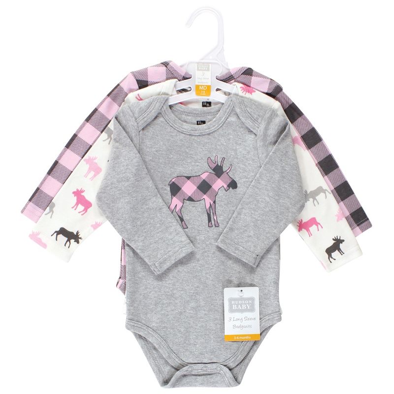 Hudson Baby Infant Girl Cotton Long-Sleeve Bodysuits, Pink Moose, 2 of 6