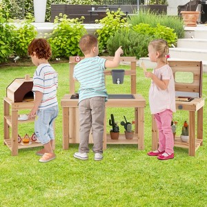 Costway 3-Piece Outdoor Wooden Kitchen Playset Kids Mud Kitchen BBQ Grill & Pizza Oven - 1 of 4