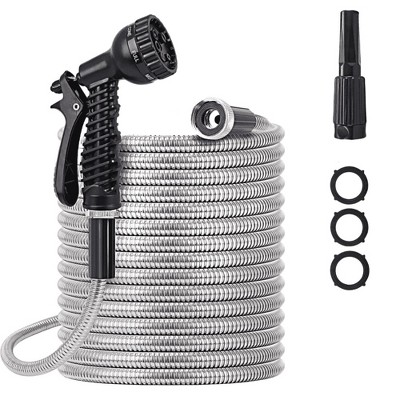 Garden Hose 25 FT,304 Stainless Steel Heavy Duty Water Hose with 7 Function Nozzles No-Kink Rust Proof for Yard Outdoor