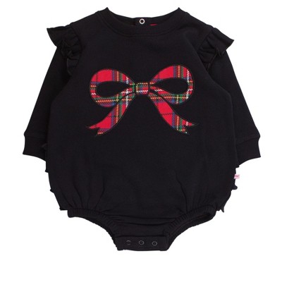 RuffleButts Baby Girls Applique Sweatshirt Bubble Romper