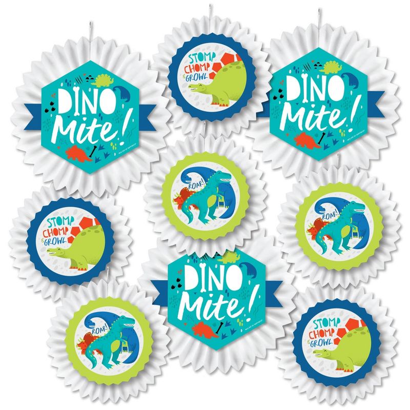 Big Dot of Happiness Roar Dinosaur - Hanging Dino Mite Trex Baby Shower or Birthday Party Tissue Decoration Kit - Paper Fans - Set of 9, 2 of 8