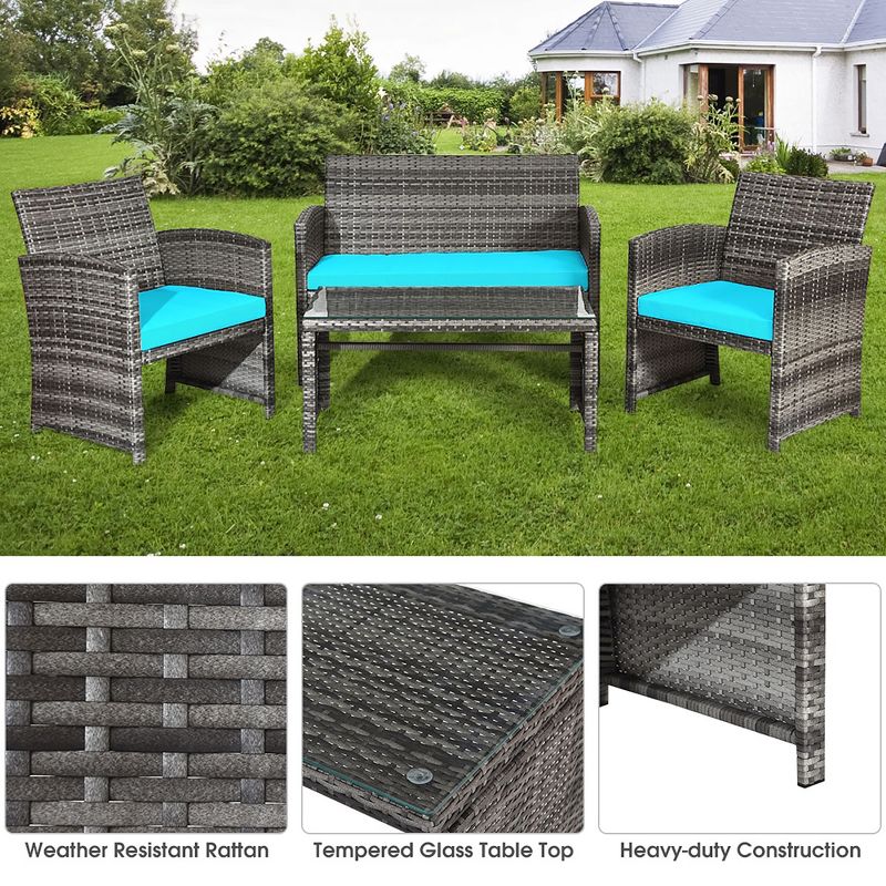 Costway 4PCS Patio Rattan Furniture Set Conversation Glass Table Top Cushioned Turquoise\Red, 4 of 13
