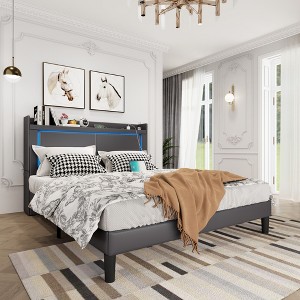 Fredees Queen Bed Frame with LED Lights and Built-in Charging Station, Upholstered Storage Headboard with Rolling Nightstands - 1 of 4