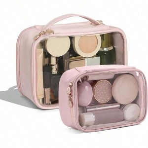 Pink Clear Makeup Pouch – Small Cosmetic Bag & Large Unisex Travel Toiletry Kit - 1 of 4