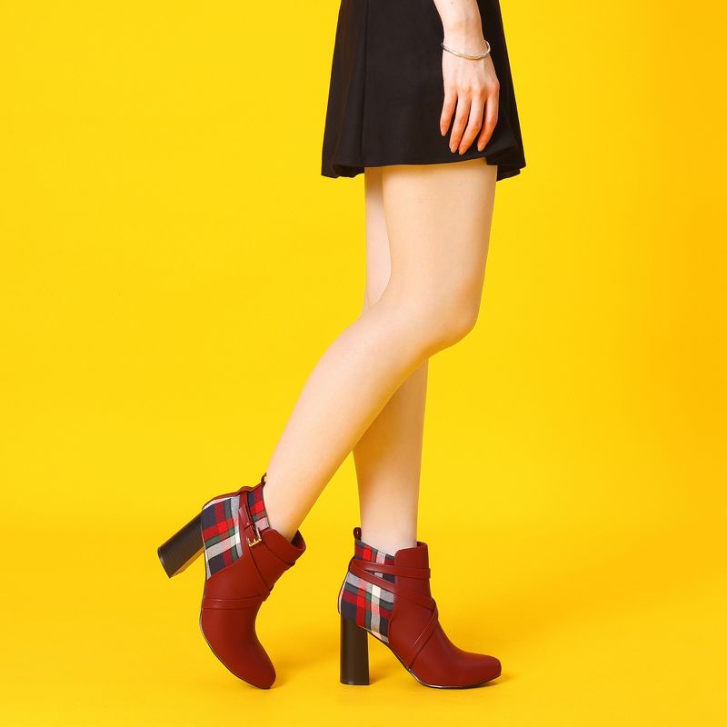 Allegra K Women's Plaid Pointed Toe Crisscross Strap Block Heels Ankle Boots, 2 of 7
