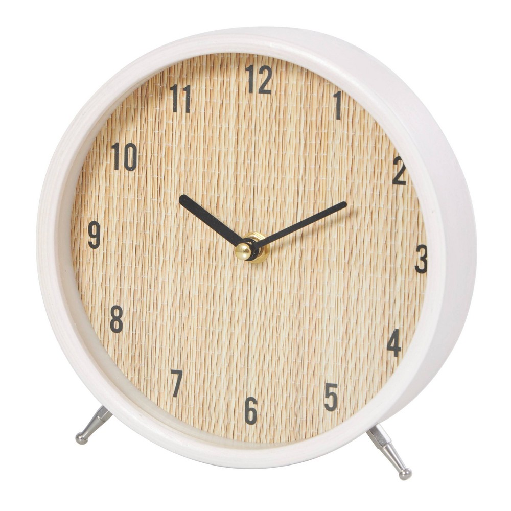 Photos - Wall Clock 7"x7" Wood Woven Clock with Silver Legs Light Brown/White - Olivia & May
