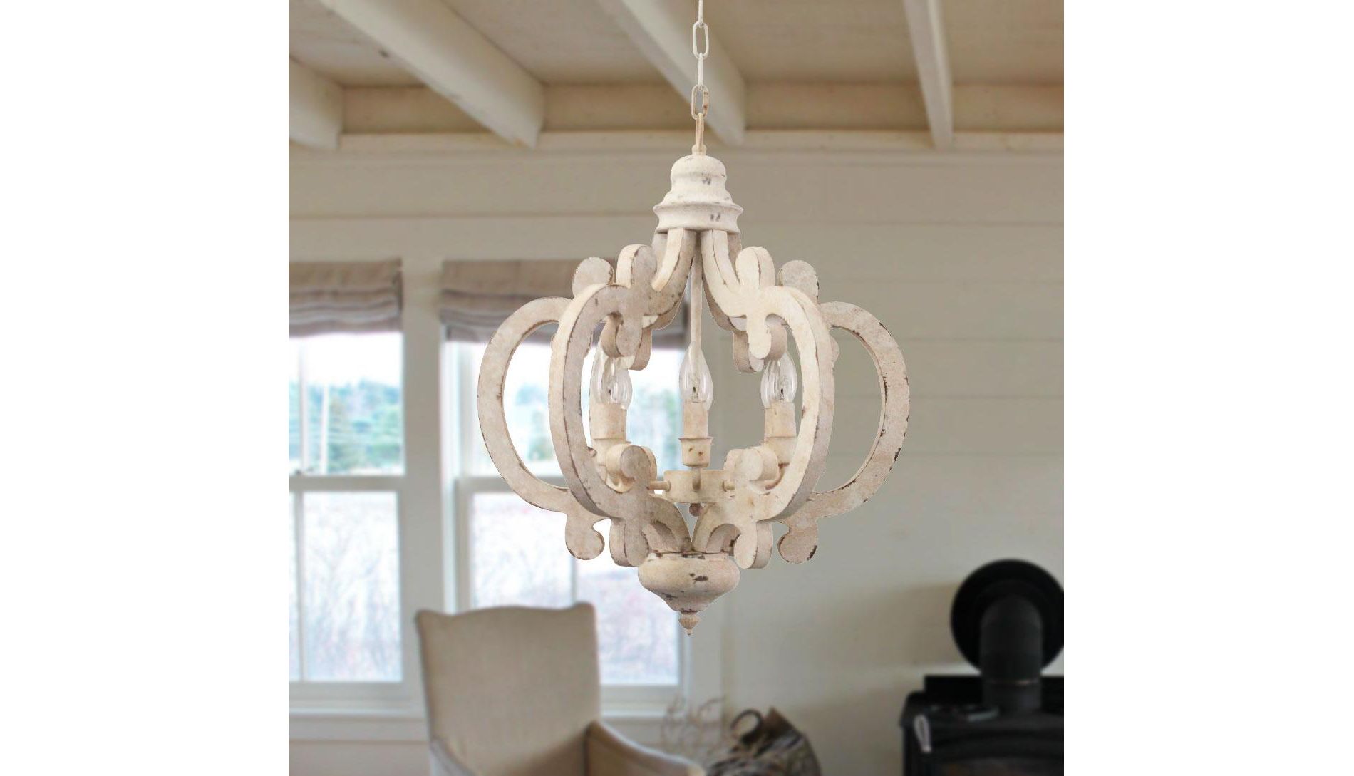 Bella Depot 6-Light Empire Distressed White Vintage Wood Chandelier with Candelabra Bulb Base and Dimmable