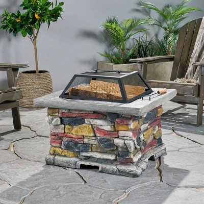 Coolbibila 28" Square Outdoor Concrete Wood Burning Fire Pit Table with Lid,Patio Fireplace Wood Burning Outdoor Garden,Backyard Fire Bowl