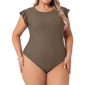 Agnes Orinda Women's Plus Size Ribbed Ruffle Sleeve Stretchy Bodysuit - 1 of 4