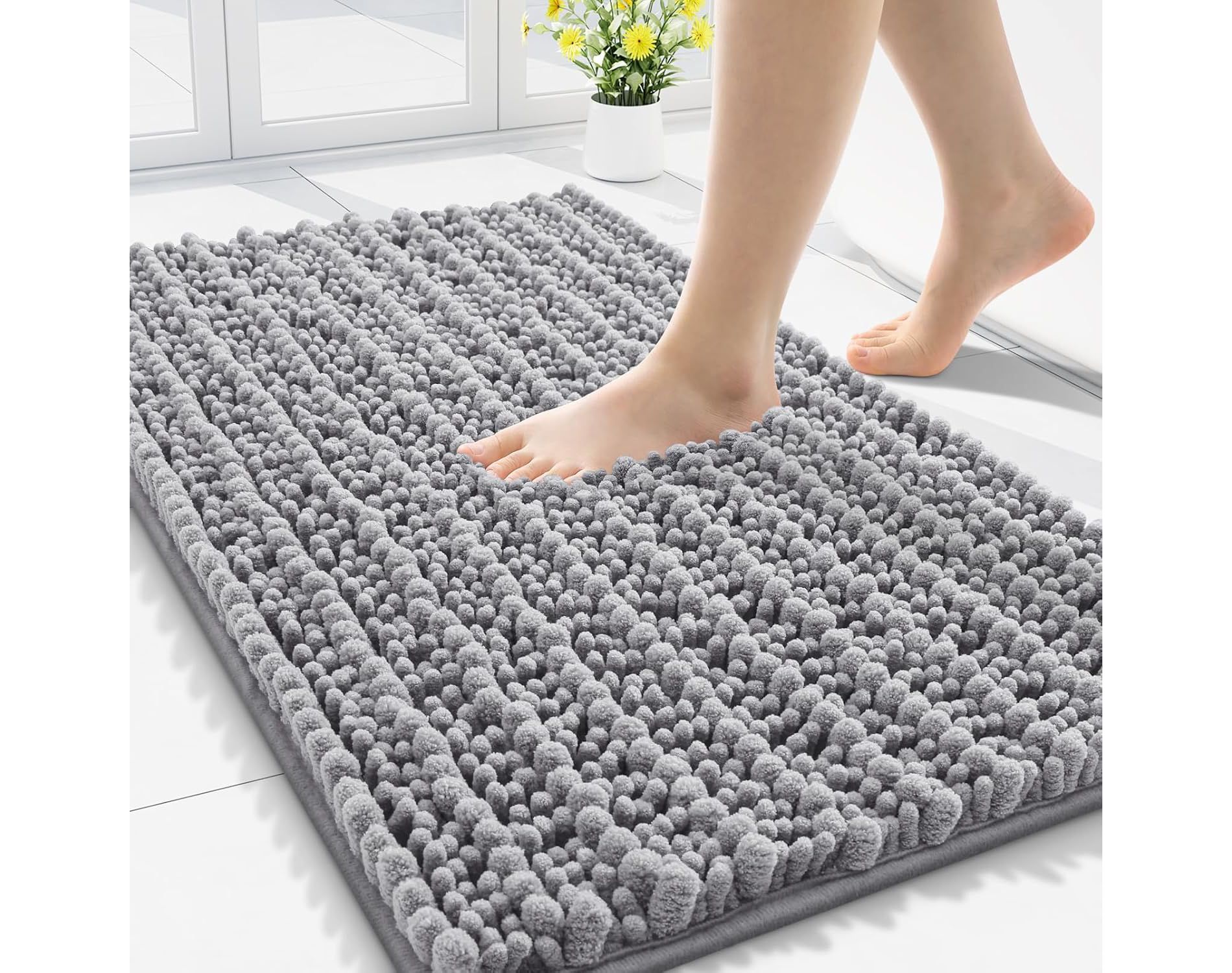 CHENILLE BATH RUG 30X20" - EXTRA SOFT ABSORBENT - RUBBER BACKING NON-SLIP - MACHINE WASHABLE QUICK-DRY - BATH TUB SHOWER - GREY