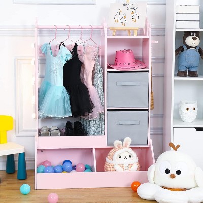 Girls' Dress Up Storage, Kids Costume Wardrobe with Lighted Mirror & Storage Bin
