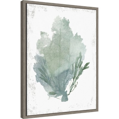 Teal and Green Coral Print on Canvas with Frame
