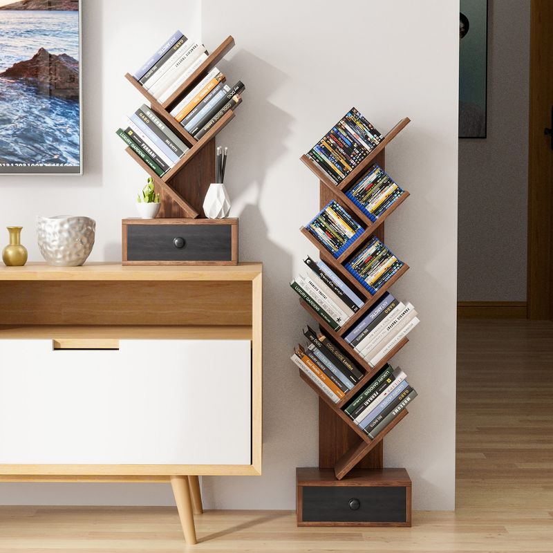 Tangkula 5-Tier Tree Bookshelf w/ Wooden Drawer Display Storage Organizer Rack, 2 of 11