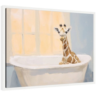 Kate & Laurel All Things Decor 18"x24" Sylvie Boho Cottage Farmhouse Giraffe Bath Framed Canvas by The Creative Bunch Studio White