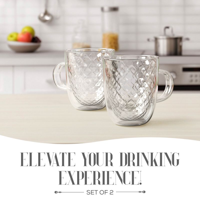 Elle Decor Set of 2 Insulated Coffee Mug, 13-Oz Double Wall Diamond Design Glasses, Glass Coffee Mug for Lattes, Americano, Espresso, Clear, 2 of 8