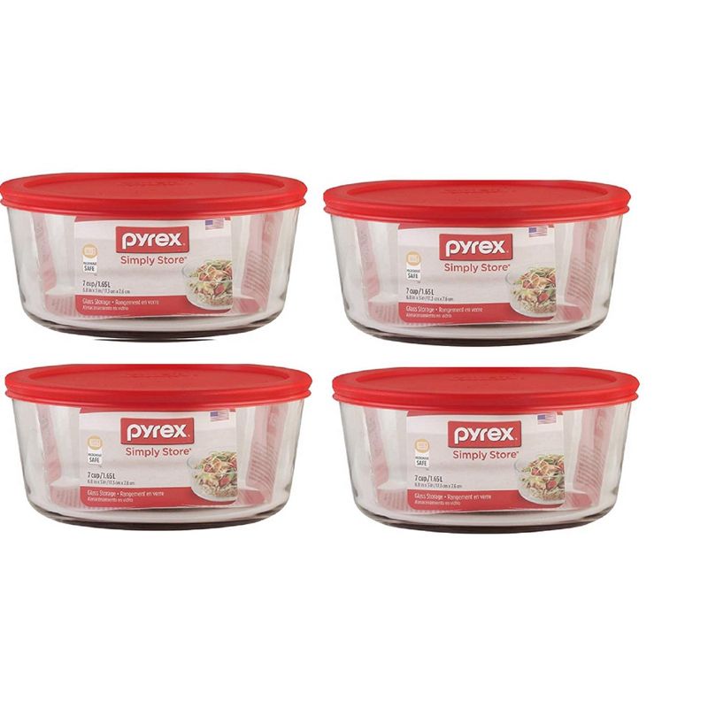 Pyrex 7 Cup Storage Capacity Plus Round Dish with Plastic Cover Sold in Packs of 4, Red, 1 of 5