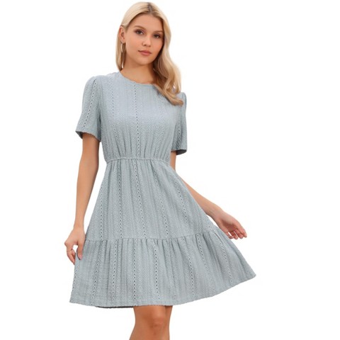 Женские платья INSPIRE CHIC Women's Crochet Boho Casual Short Sleeve Mini Tiered Dresses Large Blue Gray