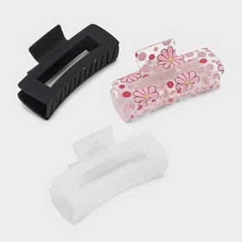 Flower and Solid Rectangle Claw Hair Clip Set 3pc - Wild Fable™ Pink/Black/White
