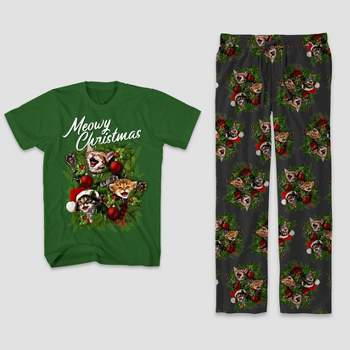Men's Meowy Christmas Sleep Pajama Set 2pc - Dark Green/Black