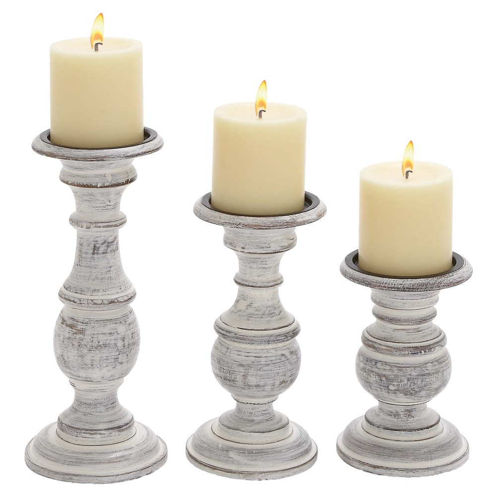 Deco 79 Wood Candle Holder, 10 by 8 by 6-Inch, White, Set of 3