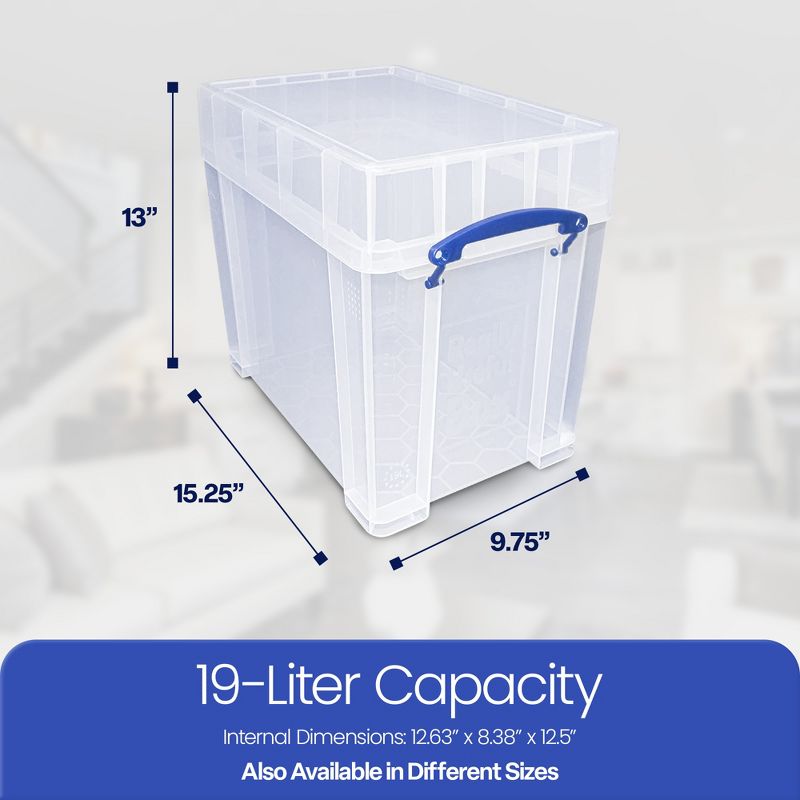 Really Useful Box 19 Liters Transparent Storage Container with Snap Lid and Clip Lock Handle for Lidded Home and Item Storage Bin, 2 Pack, 3 of 7