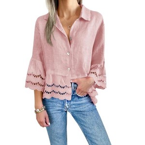 Women's Floral Lace Bell Sleeve Hollow - Out Blouse, Button - Down Collared Shirt with Crochet Detailing - 1 of 1