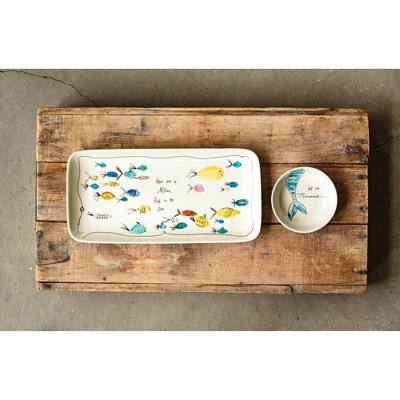 Whimsical Fish and Mermaid Ceramic Chip and Dip Set