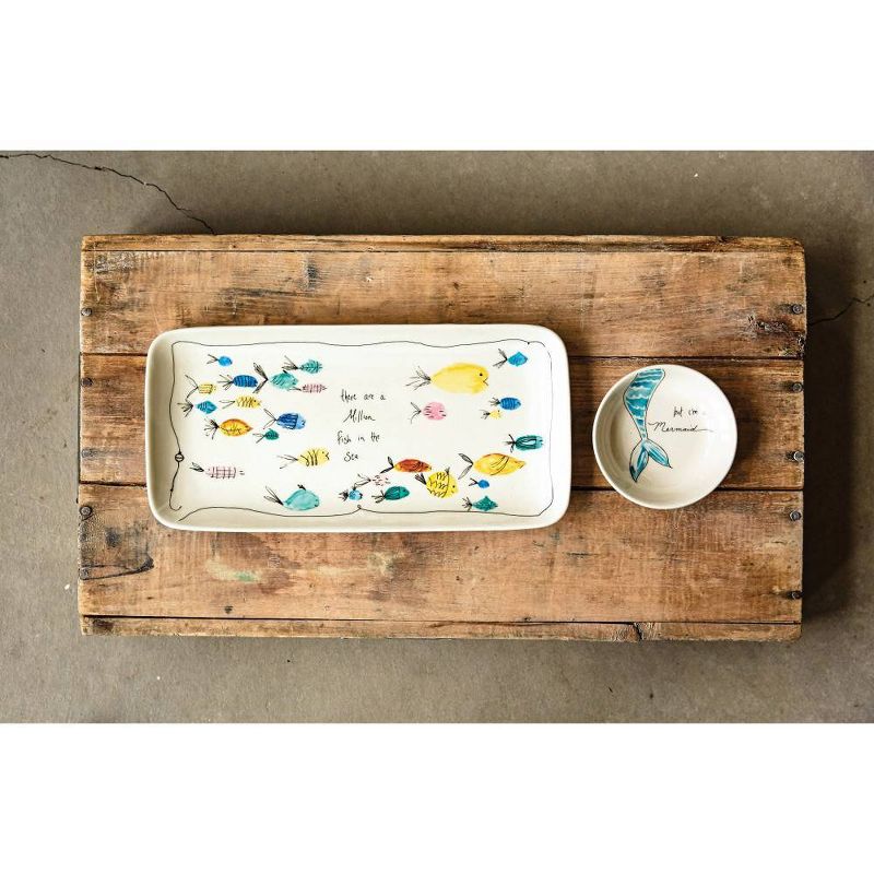 Stoneware Plate &#38; Small Round Dish with Fish Print White/Blue/Yellow 2pc - Storied Home, 4 of 9