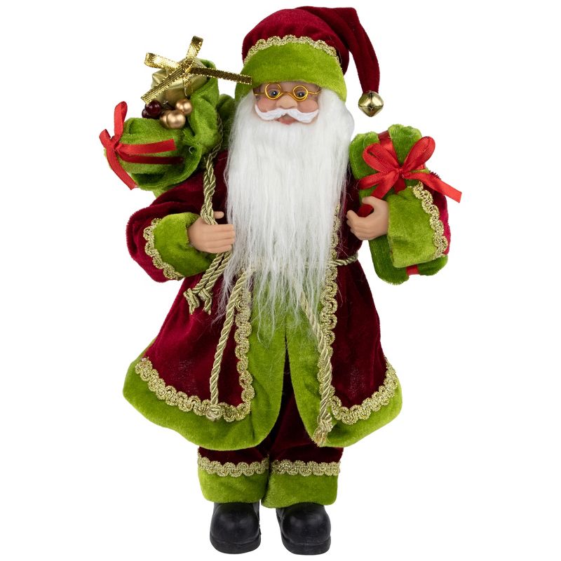 Northlight 12" Red and Green Santa Claus with Gift Bag Christmas Figure, 1 of 6