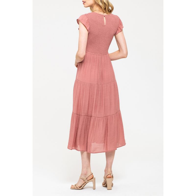 August Sky Women`s Smocked Ruffle Sleeve Tiered Midi Dress, 3 of 9